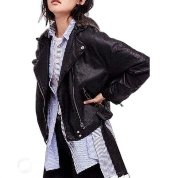 Free People Black Drapey *Washable* Vegan Leather Moto Jacket (No Hood) Sz M - Picture 1 of 14